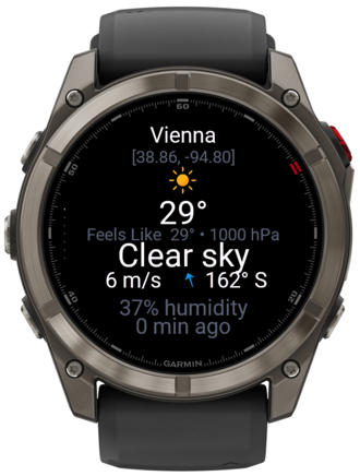 TrailWeather app running on Garmin watch