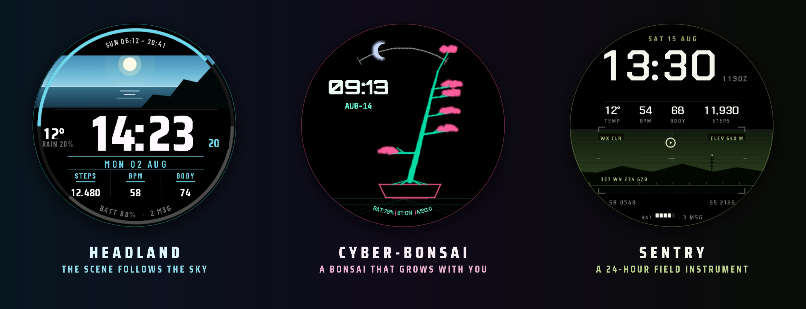 Headland, Cyber-Bonsai and Sentry watch faces side by side