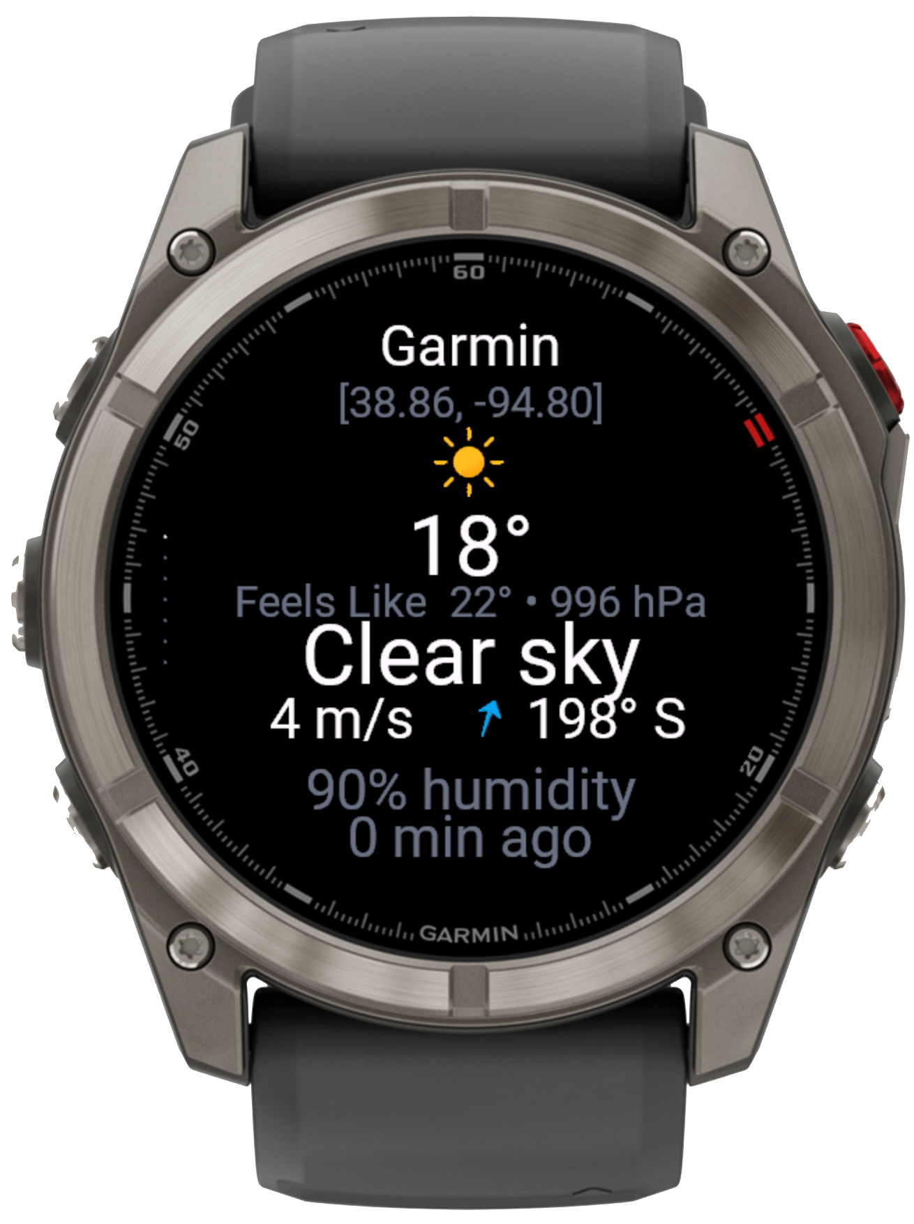 TrailWeather app running on Garmin watch
